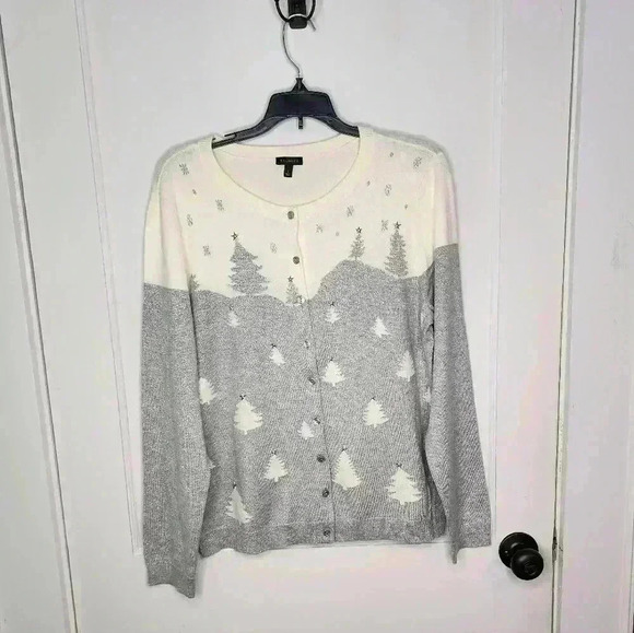 Size Large Talbots Winter Forest Cardigan Cream/Silver Trees Winter Star Metal - Picture 1 of 5